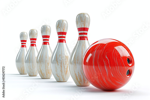 Red bowling ball striking against pins in bowling game. Isolated on white background.