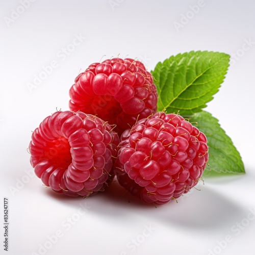 a group of raspberries with leaves