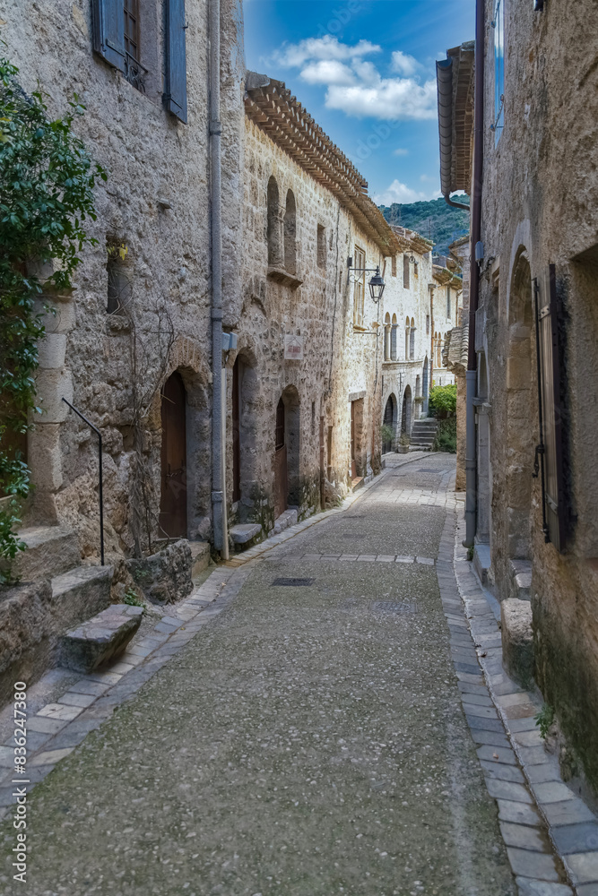 Saint-Guilhem-le-Desert in France, view of the village, typical street and houses
Saint-Guilhem-le-Desert in France, view of the village, typical street and houses