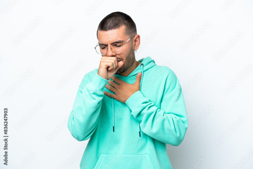 Young caucasian man isolated on white background coughing a lot Young caucasian man isolated on white background coughing a lot