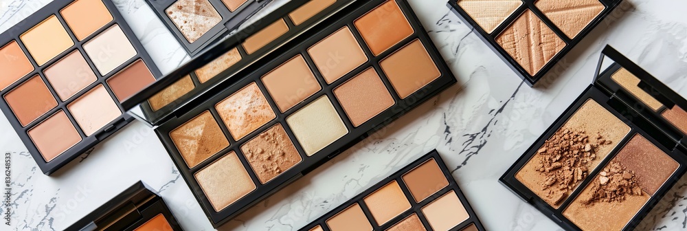 A close-up image of multiple contouring and highlighter palettes on a light background. Generative AI A close-up image of multiple contouring and highlighter palettes on a light background. Generative AI