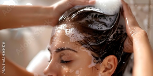 Woman using foam shampoo for scalp care while washing hair. Concept Hair Care, Foaming Shampoo, Scalp Treatment, Beauty Routine, Hair Washing