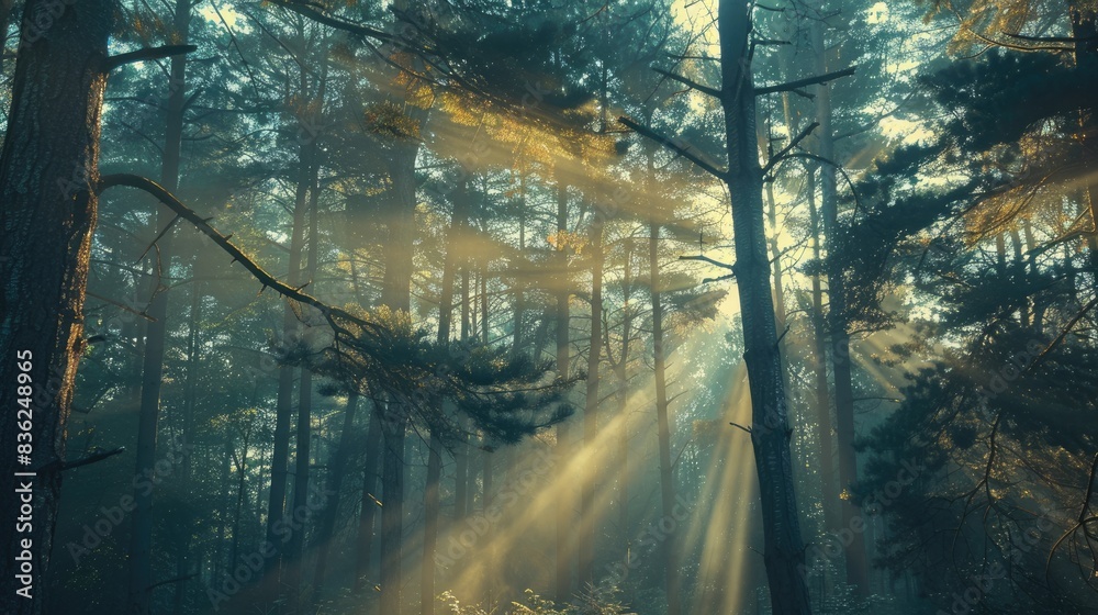 Obraz premium Sunlight filtering through the tall pine trees in the forest