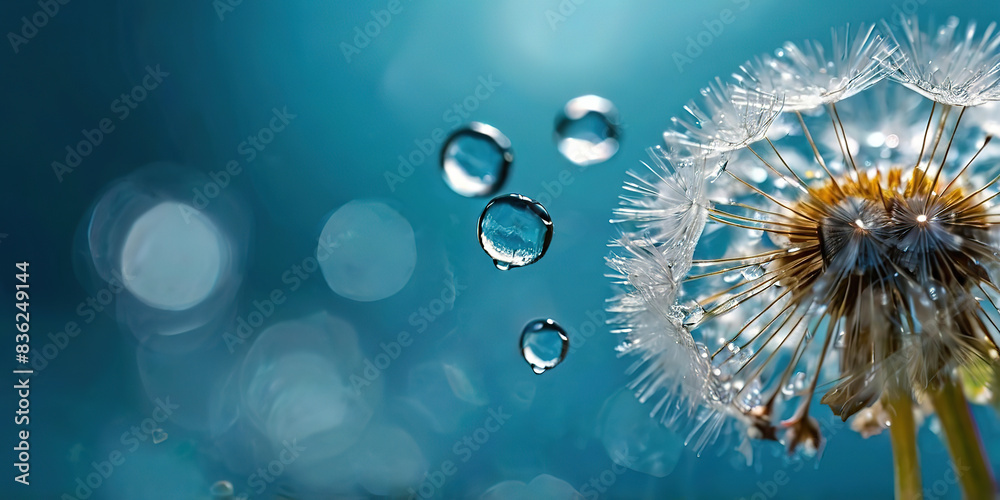 Fototapeta premium Droplets of water in Dandelion Seeds on blue beautiful background, Drops of sparkle on dandelion in rays of light