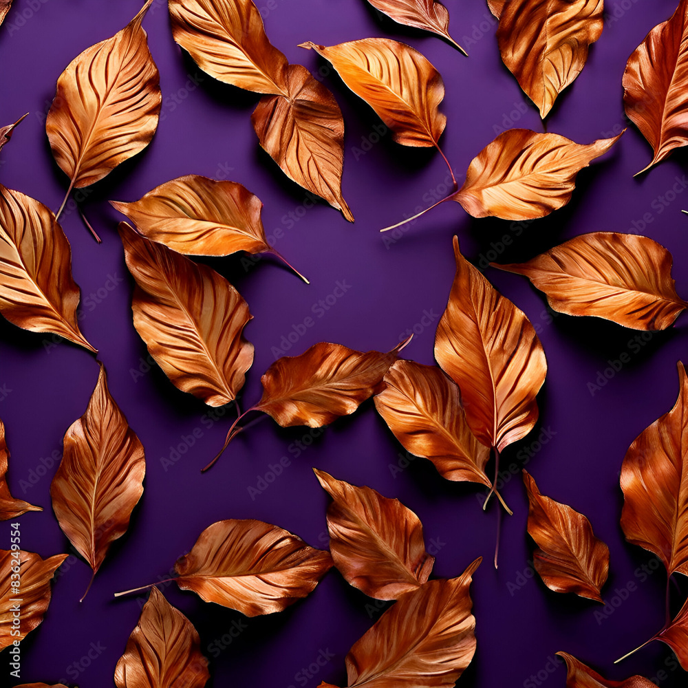pattern of dry orange metallic leaves on violet background generate ai, pattern of dry orange metallic leaves on violet background generate ai,
