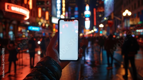 Wallpaper Mural hand holding a smartphone in Times Square at night. Torontodigital.ca