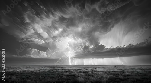 Czarno-biała burza z piorunami nad horyzontem

 photo