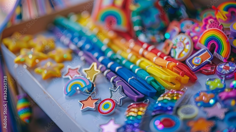 Obraz premium A rainbow flag is displayed with a variety of colorful beads and trimmings