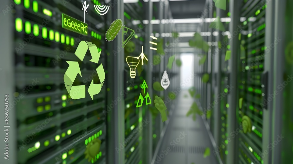Green Data Center Logo 3D Rendered Renewable Energy Symbols for Sustainable Technology Green Data Center Logo 3D Rendered Renewable Energy Symbols for Sustainable Technology