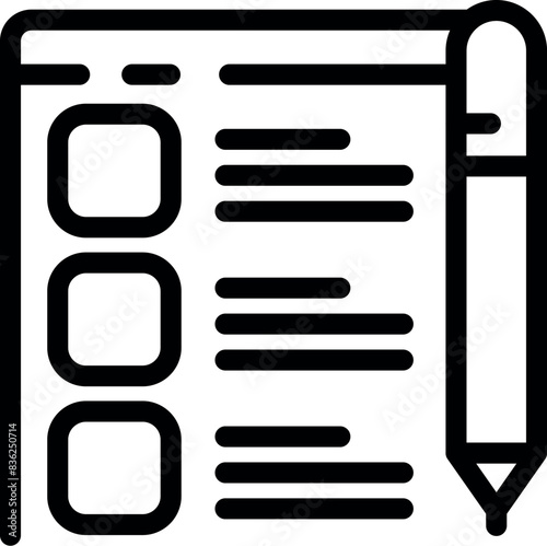Black line art of a checklist complete with boxes and a stylus pen