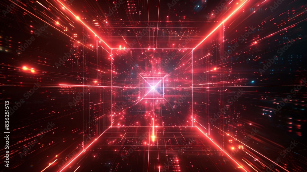 A red and blue computer generated image of a room with a red square in the middl A red and blue computer generated image of a room with a red square in the middl