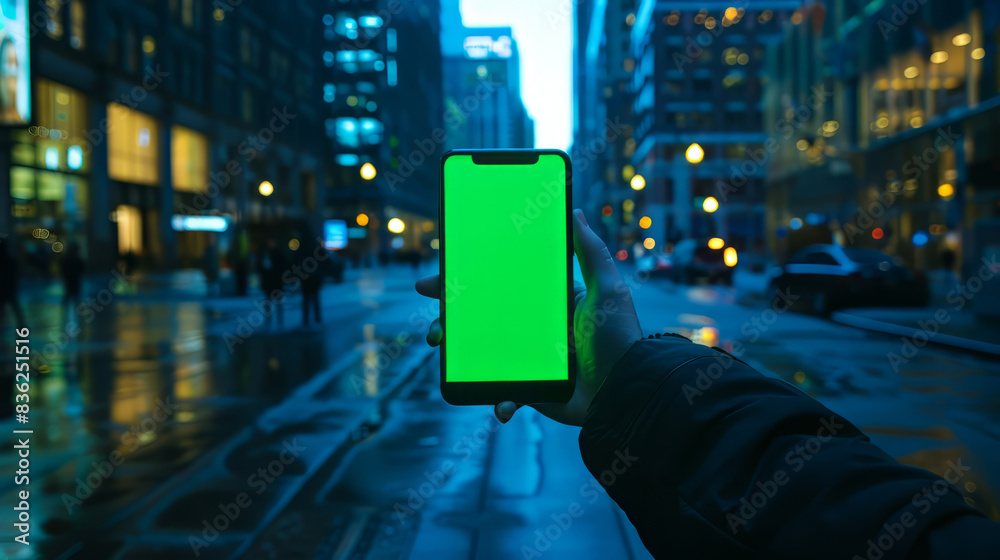 hand holding a smartphone with a green screen in the middle on a busy city street at night.