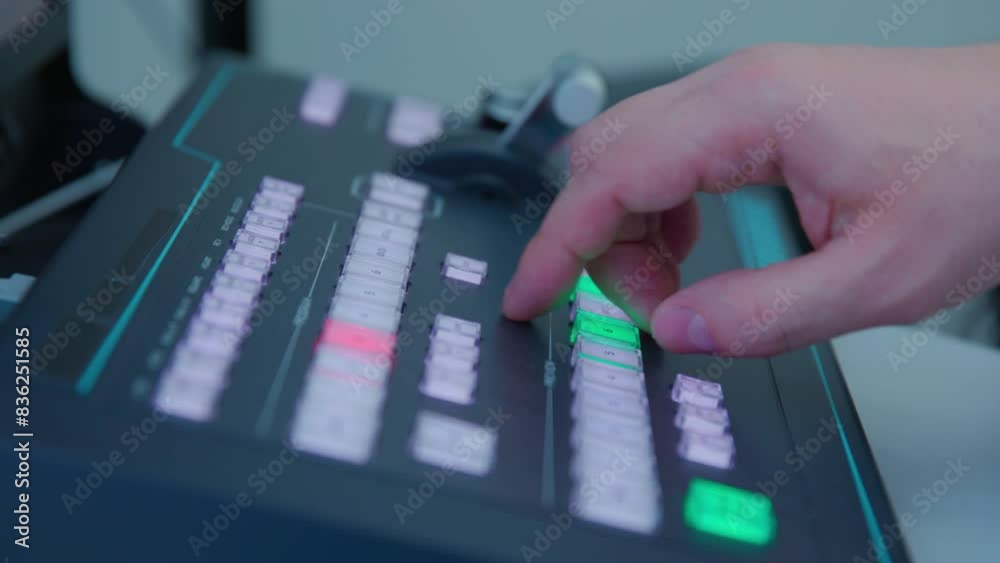 A man controlling an electronic device with a green and red buttons. The device is used for controlling the color and brightness of a screen and switching camera angles A man controlling an electronic device with a green and red buttons. The device is used for controlling the color and brightness of a screen and switching camera angles