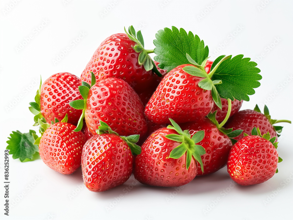 stack of strawberries with their green leaves, artistically arranged on a white background stack of strawberries with their green leaves, artistically arranged on a white background
