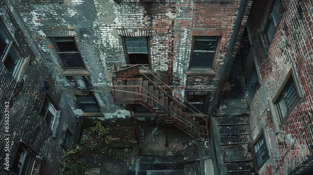 A red brick building with a staircase in the middle A red brick building with a staircase in the middle