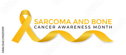 Vector Illustration Sarcoma and Bone Cancer Awareness Calligraphy Poster Design. Realistic Yellow Ribbon. Bone Cancer, background.