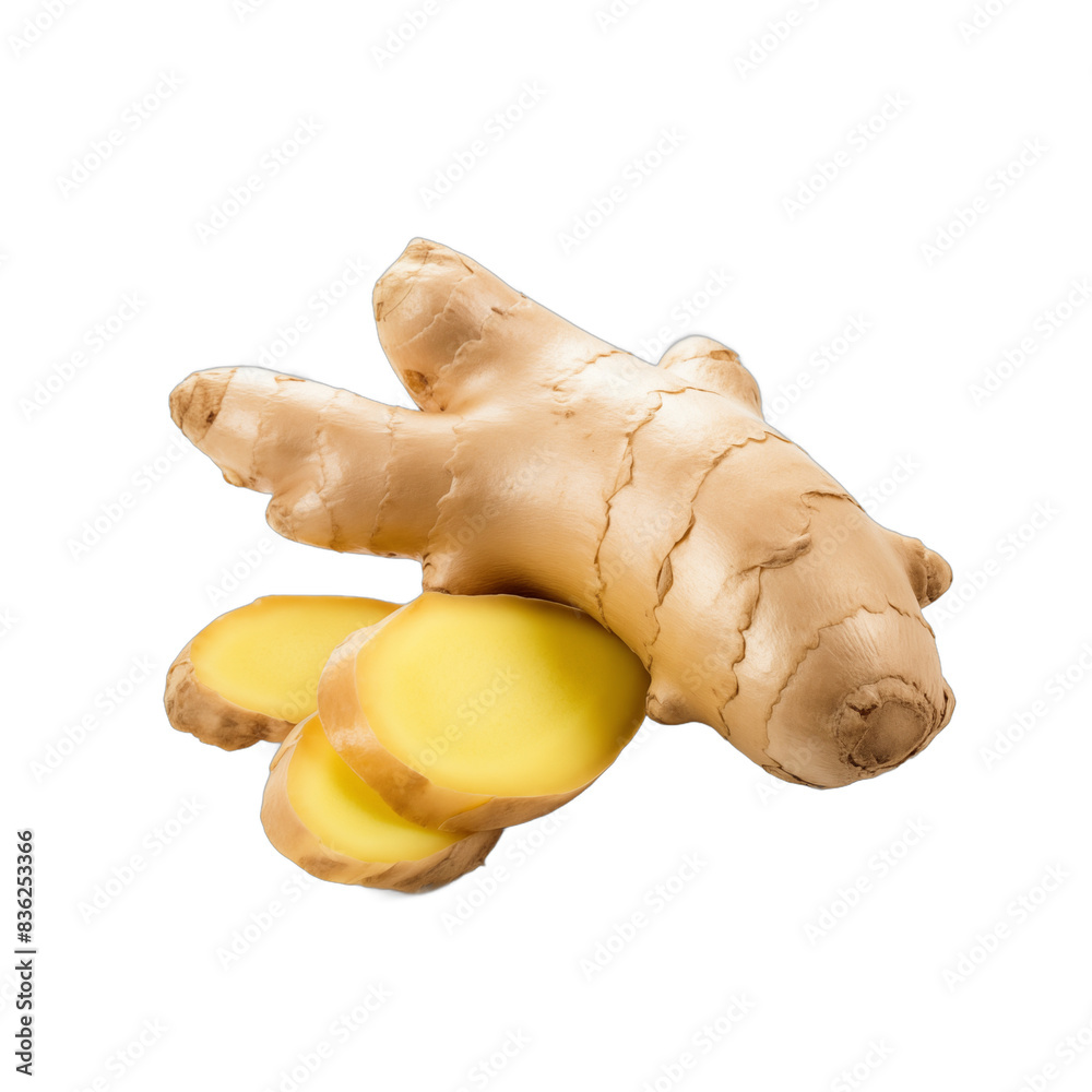 Fresh ginger root and slices isolated on white background Whole and cut ginger Natural spice and healthy ingredient in cooking Zingiber officinale Fresh ginger root and slices isolated on white background Whole and cut ginger Natural spice and healthy ingredient in cooking Zingiber officinale