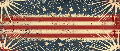Vector illustration of a vintage postcard with an American flag and fireworks