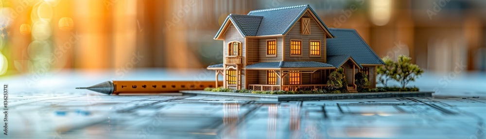 A detailed model house on a table with architectural plans, illuminated by warm sunlight, showcasing intricate design and construction ideas.