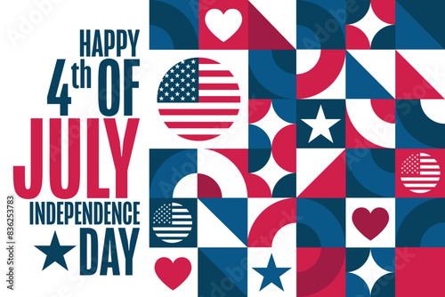 4th of July. Happy Independence Day. USA. Holiday concept. Template for background, banner, card, poster with text inscription. Vector EPS10 illustration. .