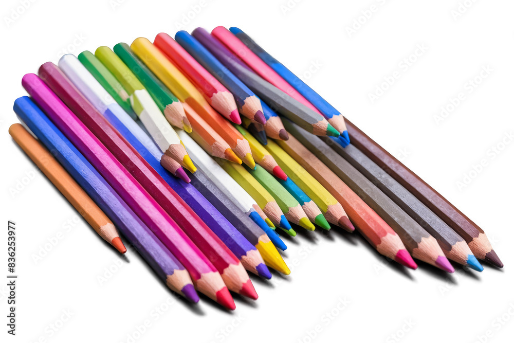 A colorful array of sharpened pencils arranged diagonally on a transparent, white background, perfect for PNG A colorful array of sharpened pencils arranged diagonally on a transparent, white background, perfect for PNG