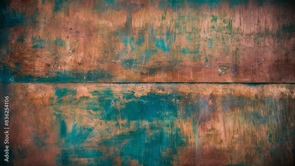 A weathered sheet of copper with a rich, earthy texture has aged and oxidized, developing a patina of blues, greens, and browns. The surface is uneven, with subtle bumps, pits, and streaks A weathered sheet of copper with a rich, earthy texture has aged and oxidized, developing a patina of blues, greens, and browns. The surface is uneven, with subtle bumps, pits, and streaks