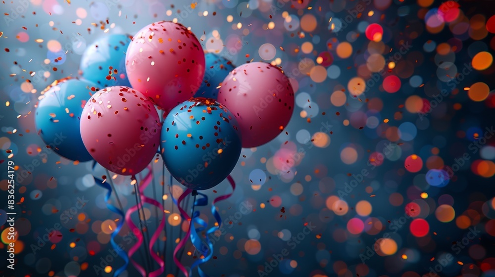 Colorful balloons with ribbon and confetti on a bokeh background, perfect for celebration, party, festival, and birthday themes.