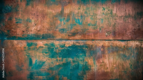  A weathered sheet of copper with a rich, earthy texture  has aged and oxidized, developing a patina of blues, greens, and browns. The surface is uneven, with subtle bumps, pits, and streaks 