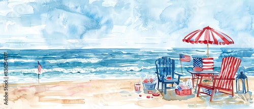 Watercolor painting of a group of friends having a beach bonfire with American flag blankets on Memorial Day