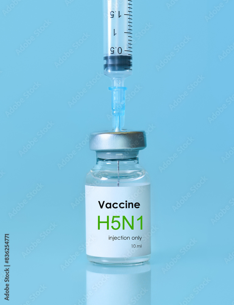 Vaccine vial of H5N1 in a bottle with a syringe on a blue background. Bird flu vaccine. The concept of medicine, healthcare and science. Vaccine vial of H5N1 in a bottle with a syringe on a blue background. Bird flu vaccine. The concept of medicine, healthcare and science.