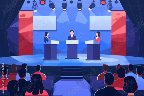 Election Debate With Tree Candidates at Podiums
