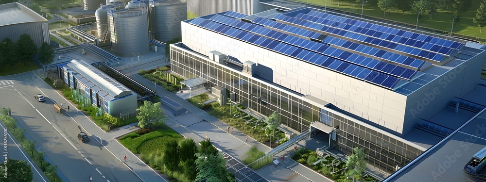 Fototapeta premium Green Energy Data Center Modern D Rendered Building with Renewable Sources