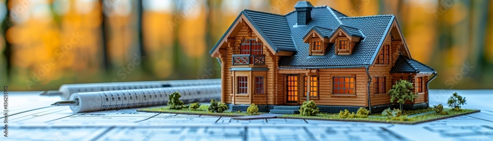 Miniature model house with blueprints, representing architectural design, real estate, and planning on blurred outdoor background. Miniature model house with blueprints, representing architectural design, real estate, and planning on blurred outdoor background.