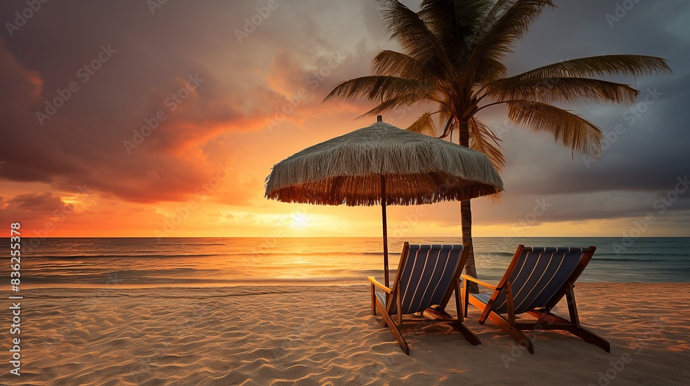 Two chairs on the beach with coco palms of a tropical island sunset. Amazing beach landscape Two chairs on the beach with coco palms of a tropical island sunset. Amazing beach landscape