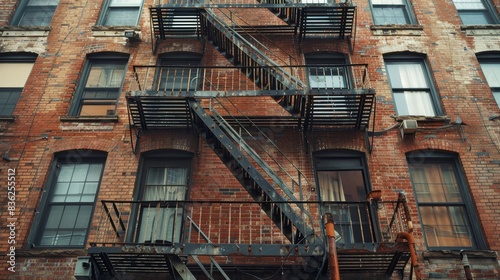 A brick building with a fire escape ladder on the side
