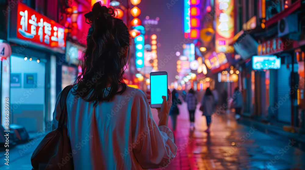 woman in a white shirt is walking down a crowded street in a city at night holding her phone. woman in a white shirt is walking down a crowded street in a city at night holding her phone.