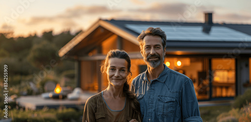 Happy Family Standing in Front of Modern House with Solar Panels at Sunset