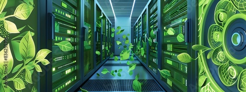 EcoFriendly Data Center Equipment of Green Themed Servers with Leaf Patterns photo