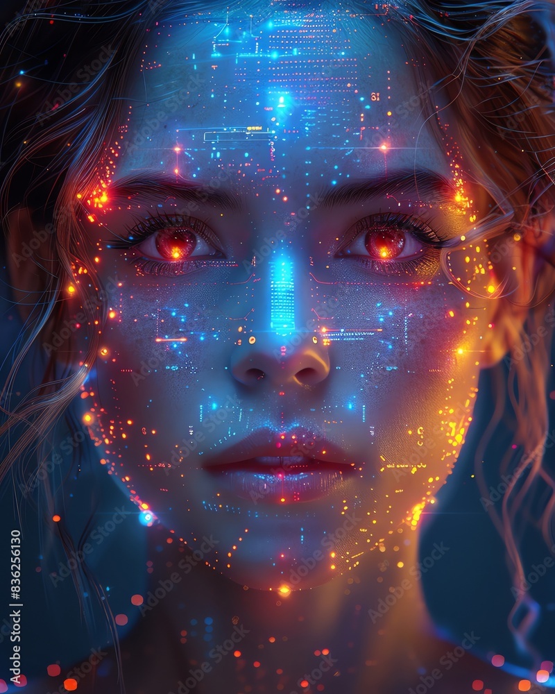 Futuristic digital portrait of a woman with glowing circuit patterns and vibrant neon lights, symbolizing technology and artificial intelligence. Futuristic digital portrait of a woman with glowing circuit patterns and vibrant neon lights, symbolizing technology and artificial intelligence.