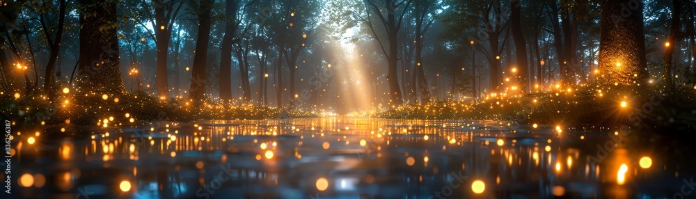 Fototapeta premium Magical woodland scene illuminated by glowing fireflies and soft sunlight, creating an enchanting and mystical atmosphere in a serene forest.