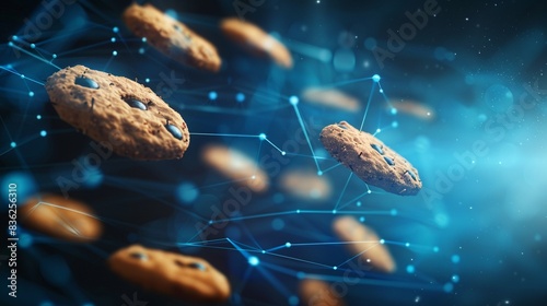 Graphic of a cookie policy alert on a blue data background  cookies flying around  illustrating online privacy and data protection compliance