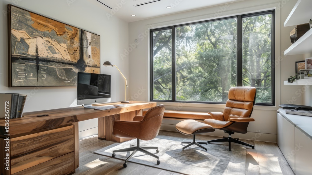 A modern office with a large window and a painting on the wall A modern office with a large window and a painting on the wall