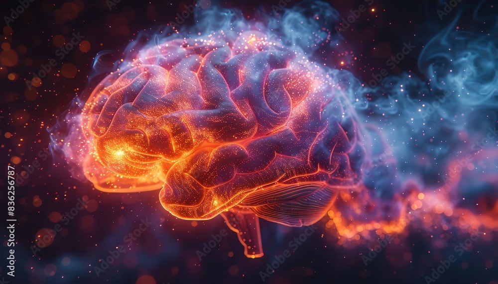 Vivid rendering of a human brain with neon lights, showcasing activity, innovation, and intelligence in a dynamic artistic style.