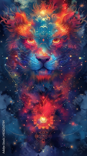 Vivid fantasy illustration of a lion, blending cosmic and fiery elements. A mesmerizing blend of colors and imaginative artistry.