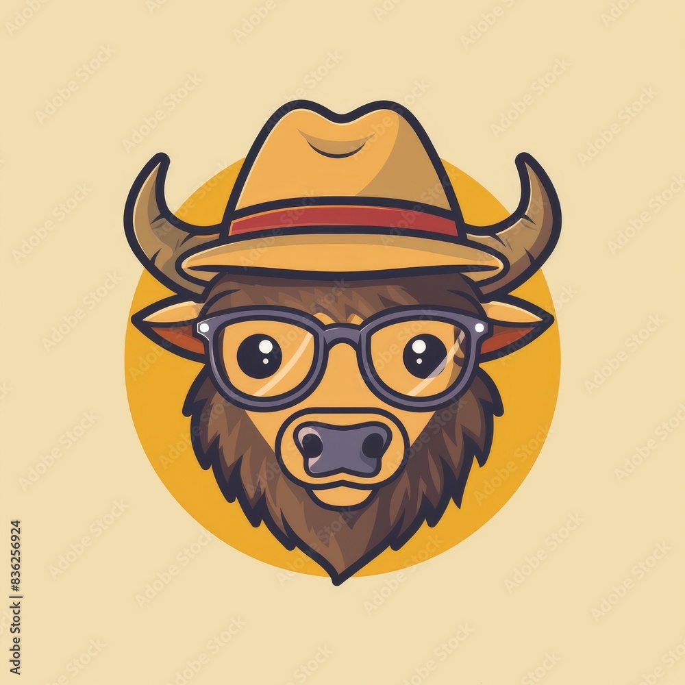 A cartoon bison with glasses and a hat on a yellow background. Fun and quirky character illustration for various uses. A cartoon bison with glasses and a hat on a yellow background. Fun and quirky character illustration for various uses.