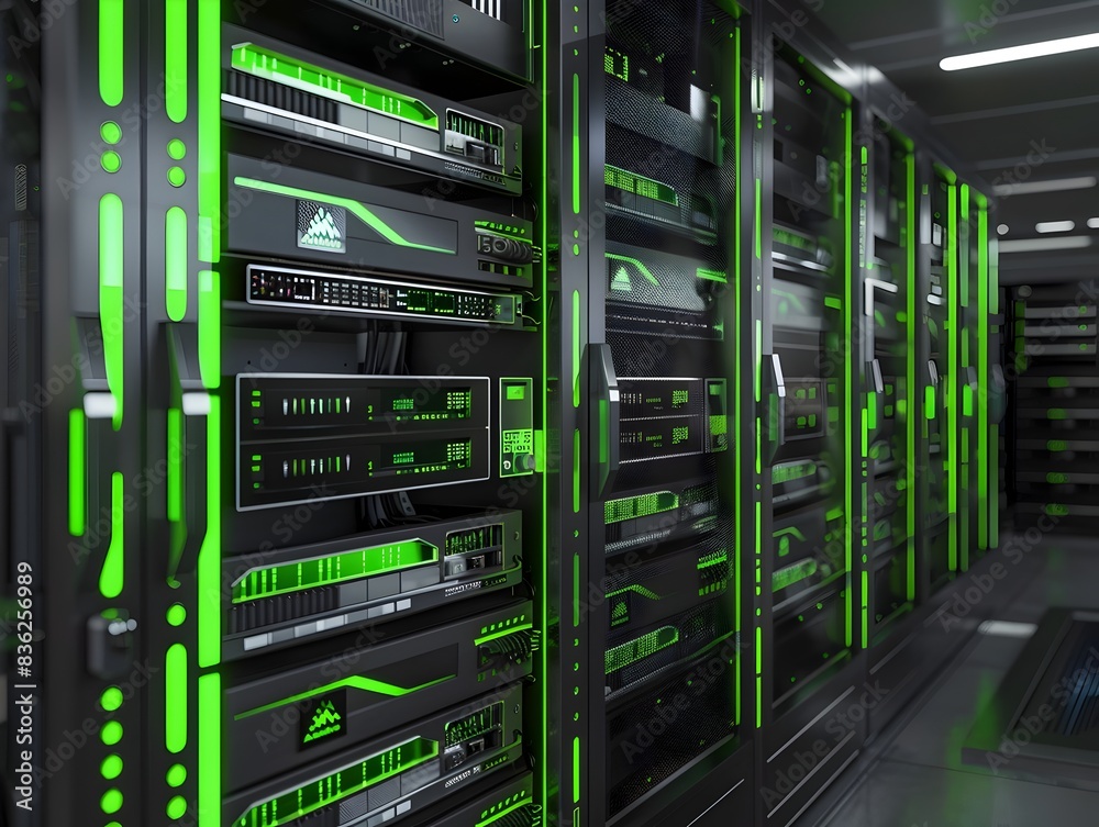 EcoFriendly Network Equipment D Rendered Green Accents Data Center Hardware EcoFriendly Network Equipment D Rendered Green Accents Data Center Hardware