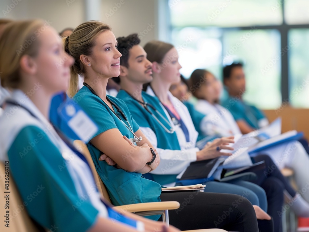 doctor teaching on a seminar at convention center, medical team sitting and listening presenter