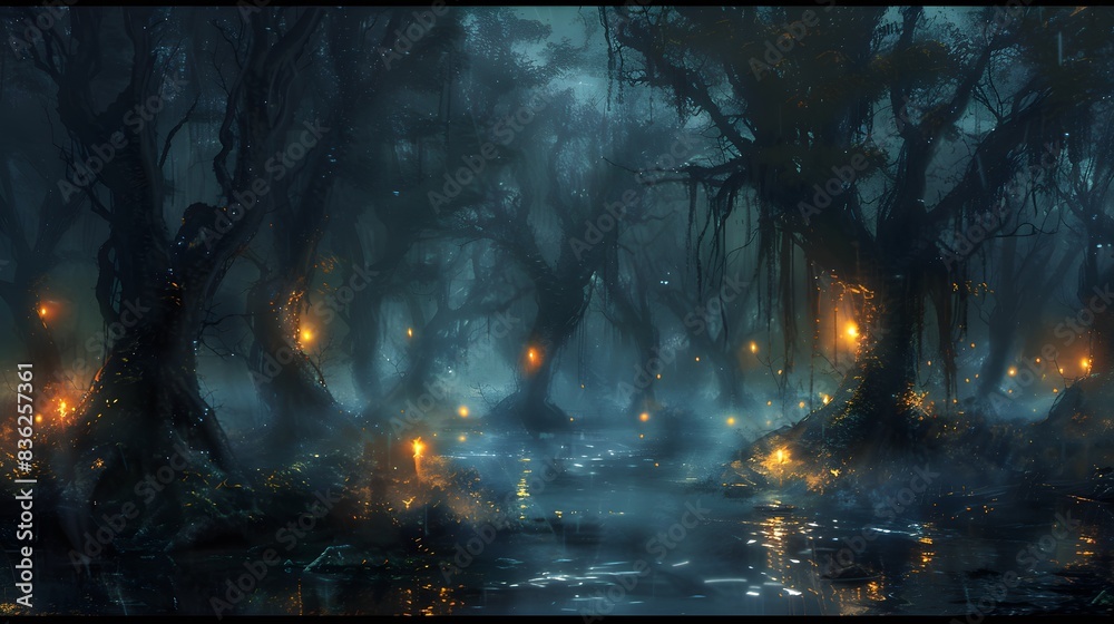 A dark, eerie swamp with twisted trees, thick fog, and glowing will-o'-wisps leading the way through the murky waters A dark, eerie swamp with twisted trees, thick fog, and glowing will-o'-wisps leading the way through the murky waters