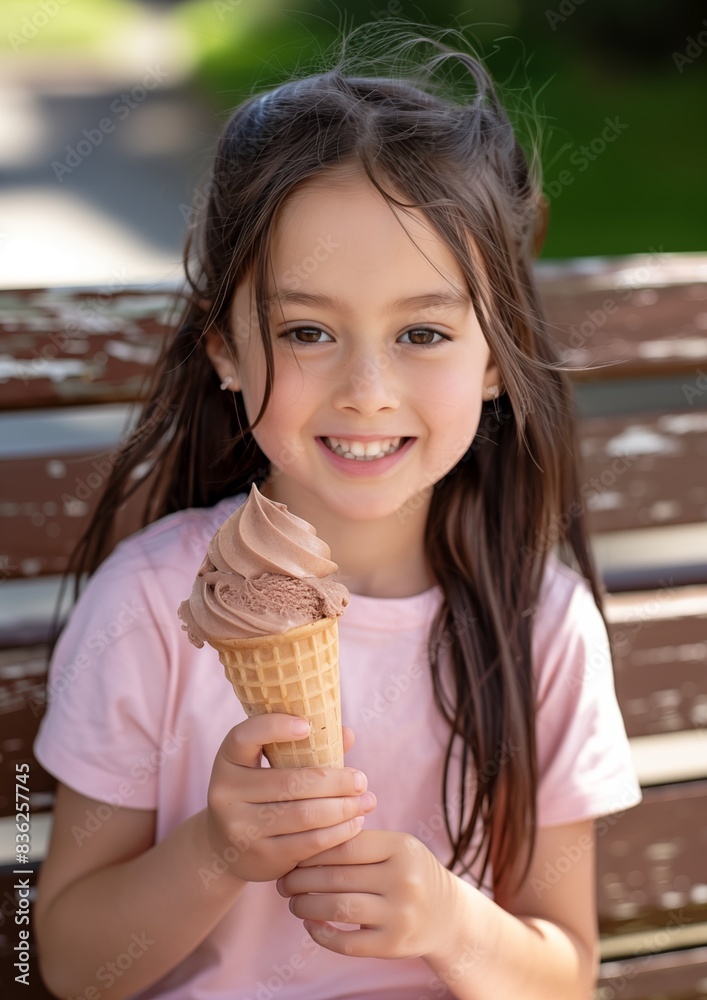 Mädchen mit rosa T-Shirt sitzt auf einer Parkbank und hält eine Eiswaffel Mädchen mit rosa T-Shirt sitzt auf einer Parkbank und hält eine Eiswaffel