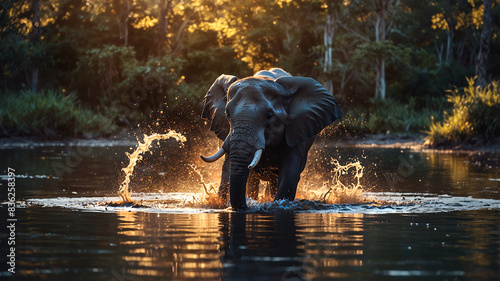 A group of elephants walking across a field near a river of water, Amazon jungle, golden hour. large clear lake with water splash. AI Generated. 